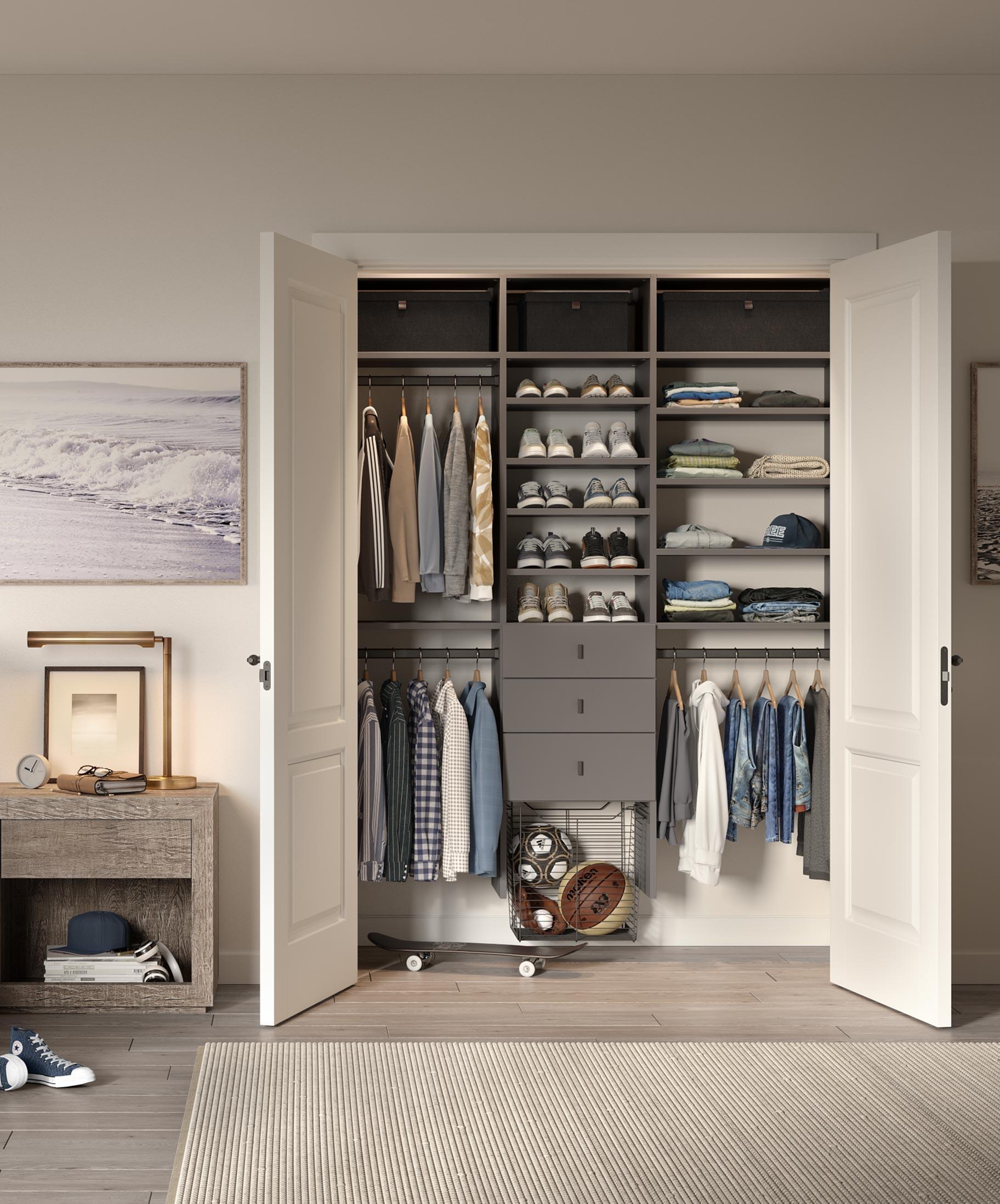 Kids custom closets for teen bedroom with baskets and drawers designed by California Closets