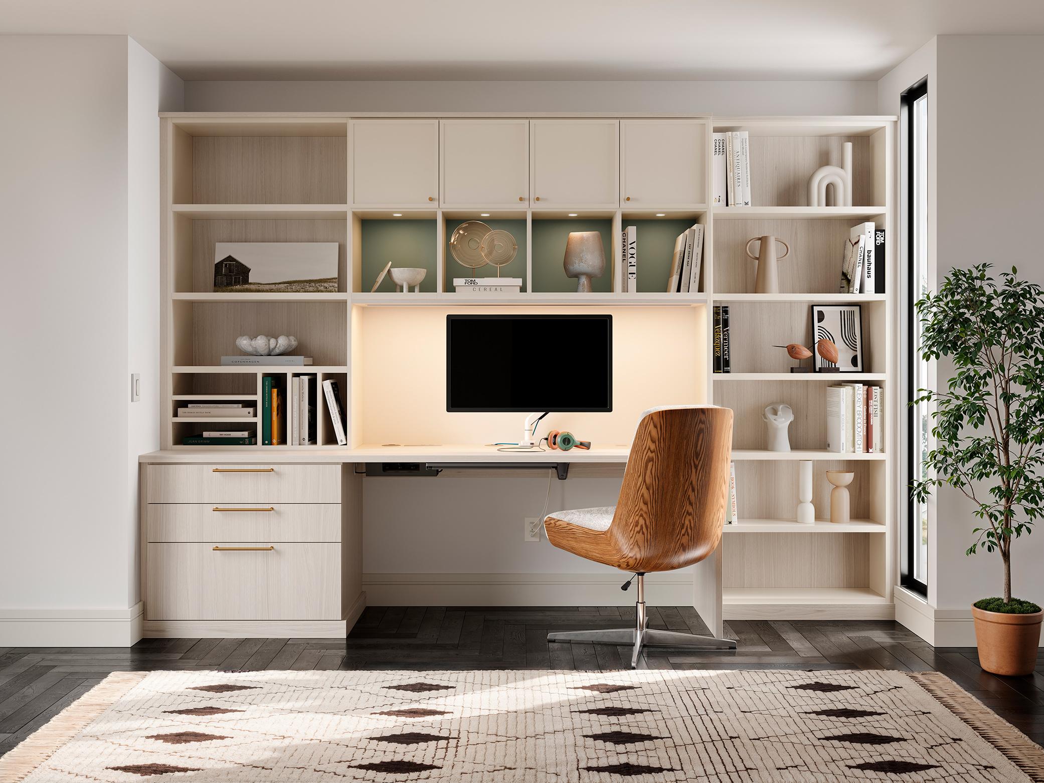 Sleek home office desk positioned under a large window with integrated drawers and overhead shelves