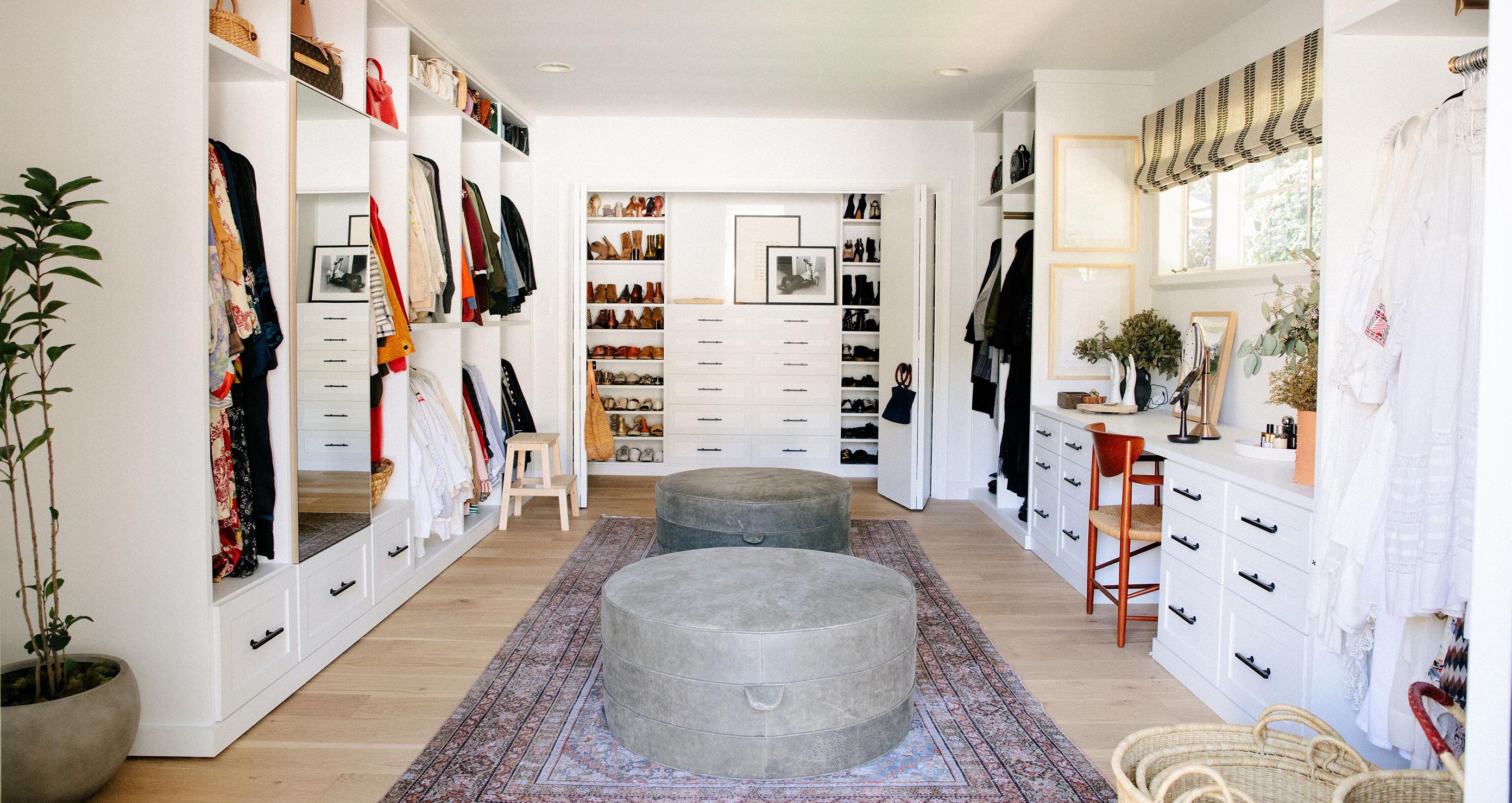 Designer Emily Current of Current Elliott Jeans, gets a walk in closet with custom shelving, cabinets, shoe storage created by California Closets