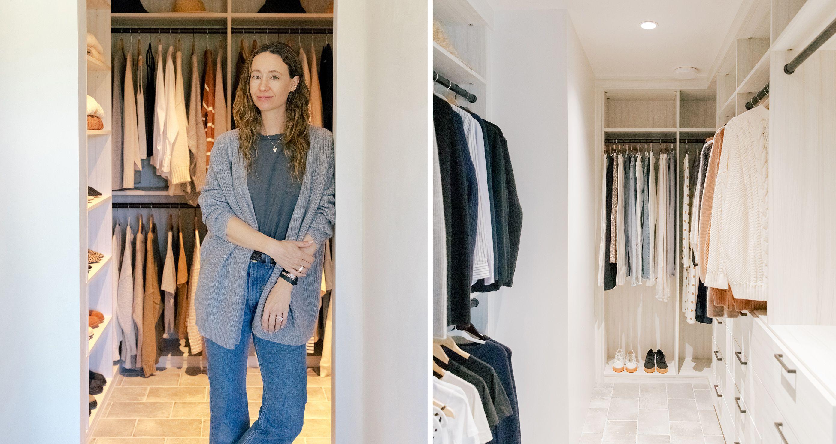 Jenni Kayne’s neutral wood grain finish walk in closet with custom shelving, drawers and shoe storage by California Closets
