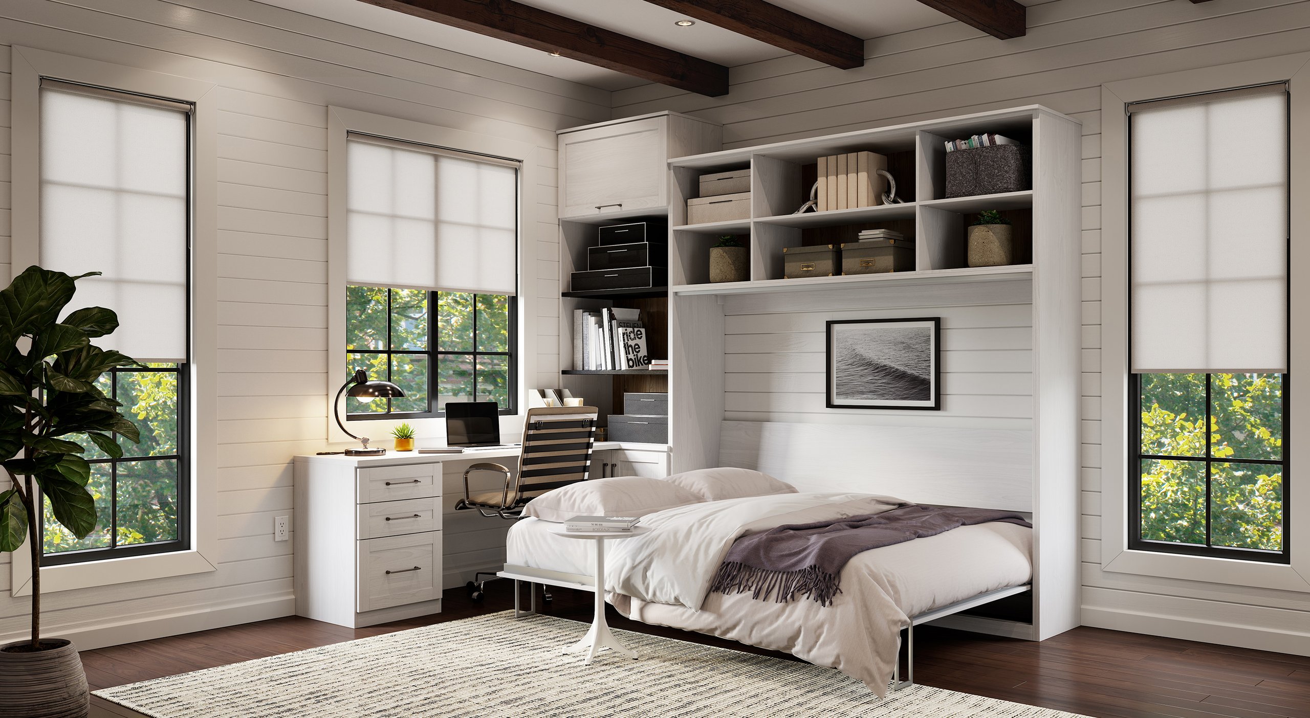 Murphy bed horizontal desk in a white matte finish by California Closets