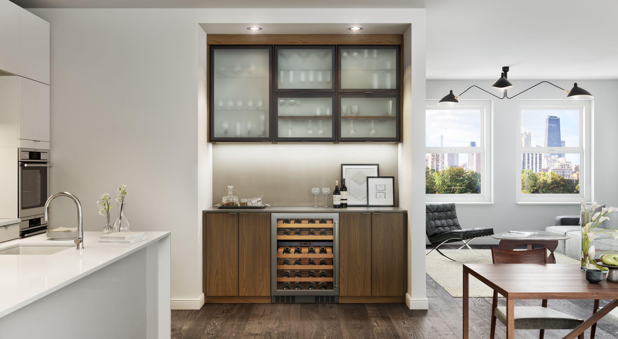 Bar wine storage cabinets, glass shelves and LED lighting custom made by California Closets