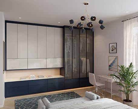 Wardrobe closets designed in dark and light finishes with custom cabinets and drawers by California Closets