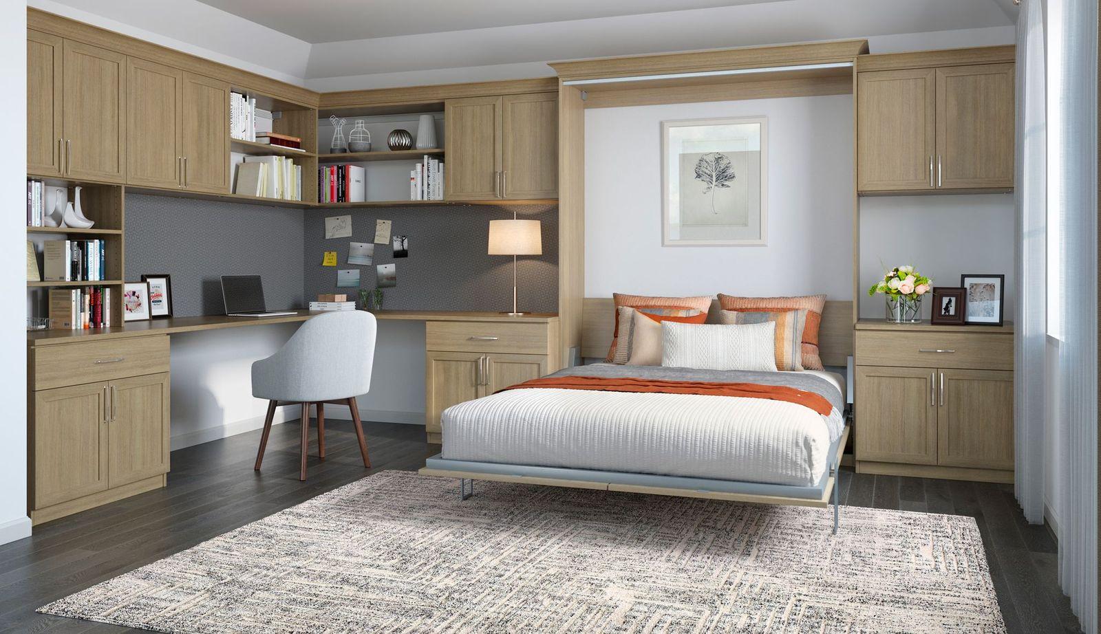 Cama plegable Murphy personalizada con escritorio incorporado para oficina en casa y gabinetes de almacenamiento, diseño creado por California Closets