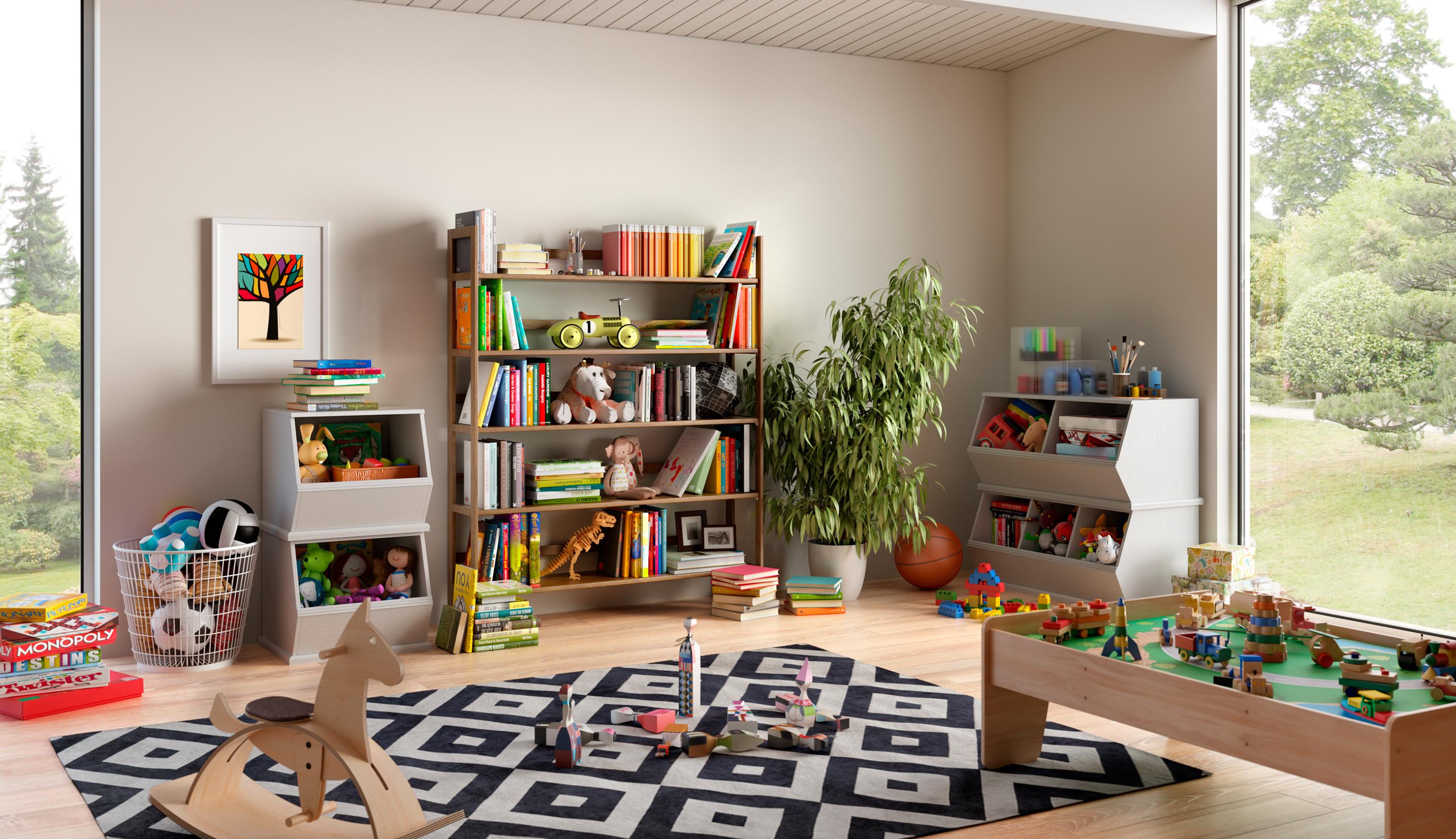 Sala de juegos desorganizada con juguetes, sin almacenamiento ni organizadores que construirá California Closets