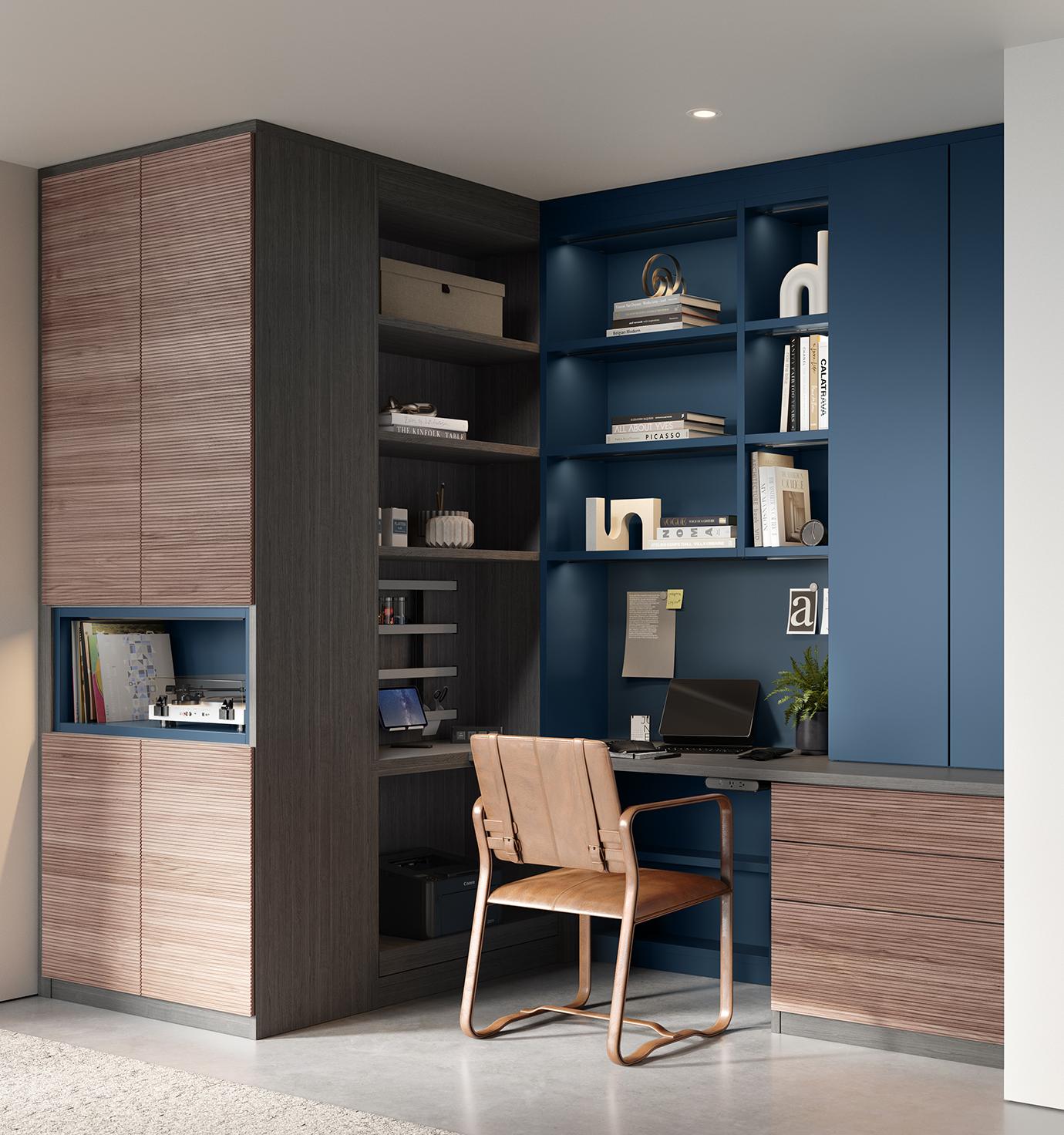 Corner-built home office workstation in a dark blue and natural wood finish by California Closets