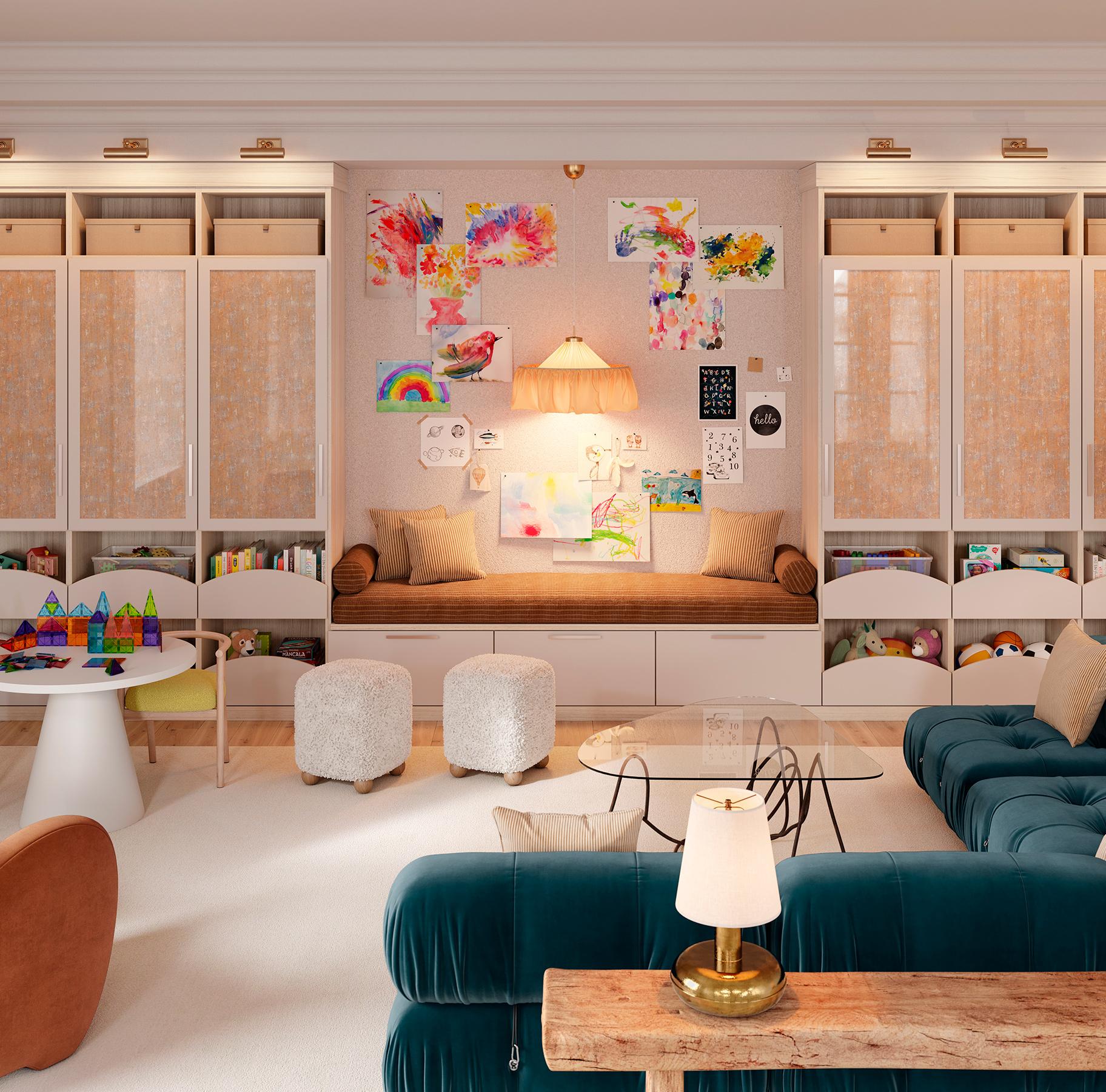 Custom playroom family room area with storage for kids toys designed by California Closets