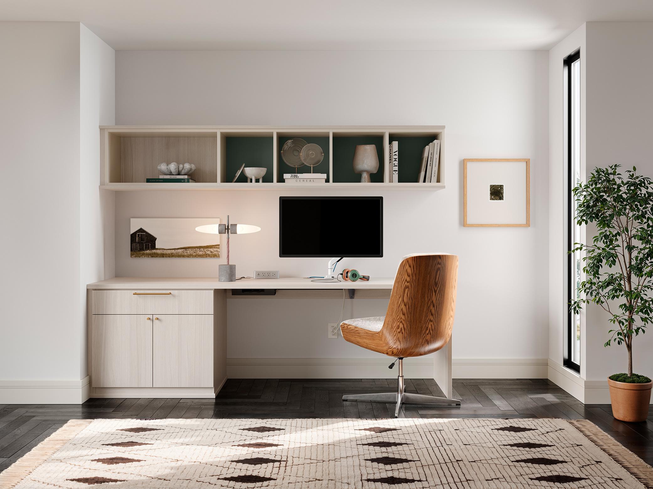 Home office custom built in L-shape with custom created cabinets designed by California Closets