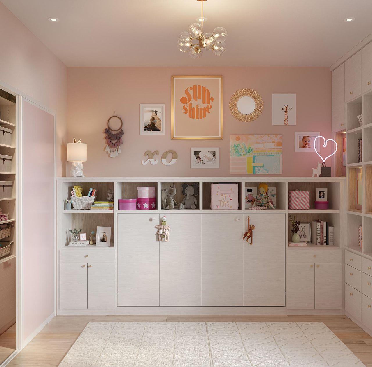 Washed white finish hidden bed with kids storage surrounding backpanel pink design by California Closets