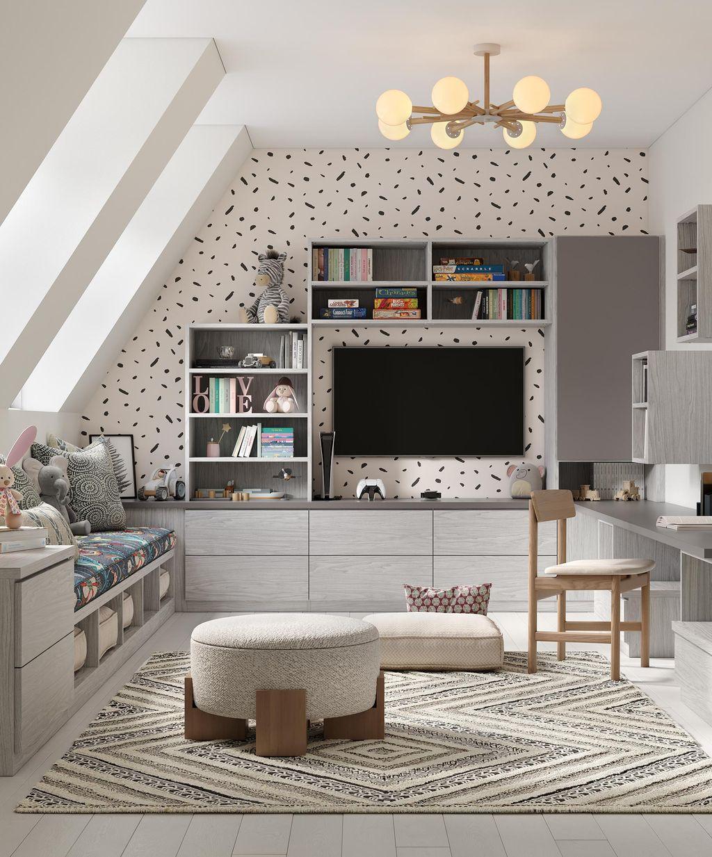 Custom entertainment and media wall storage in a playroom bench seating for toy storage and cubbies created by California Closets