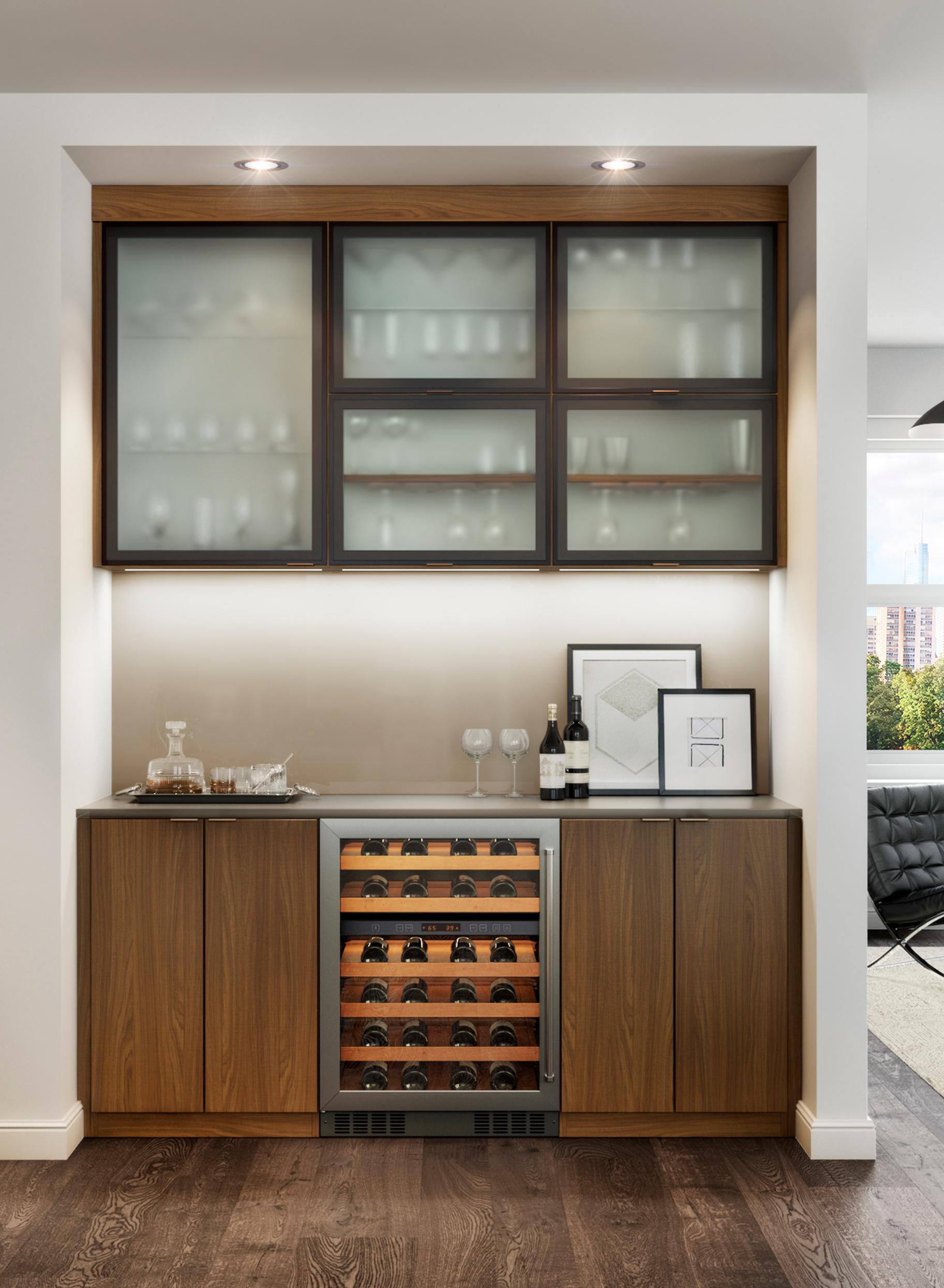 Kitchen wine bar storage with cabinets and wine refrigerator by California Closets