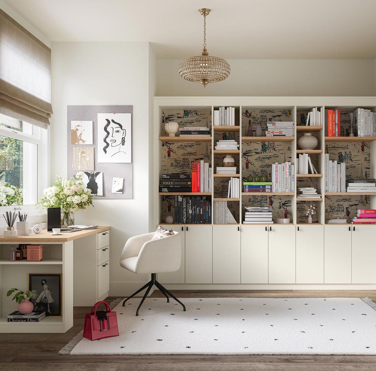 Office library shelves and built in desk in light finish by Calfornia Closets