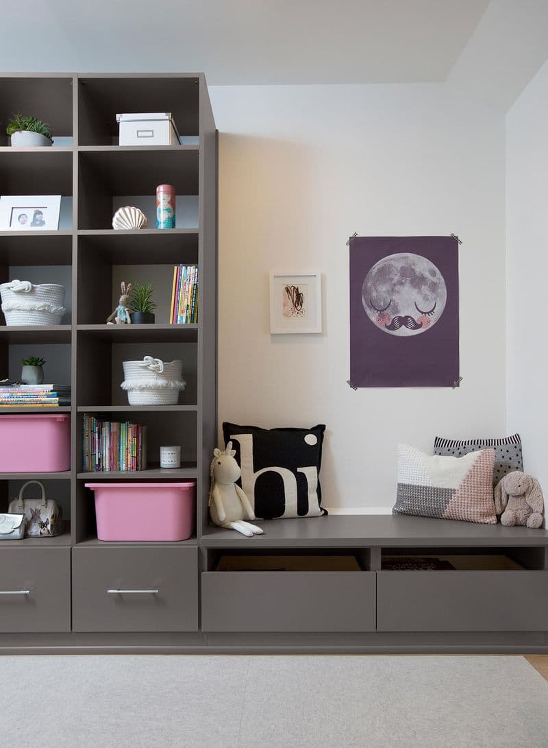Kids home office system custom storage shelves and drawers in grey matte finish created by California Closets