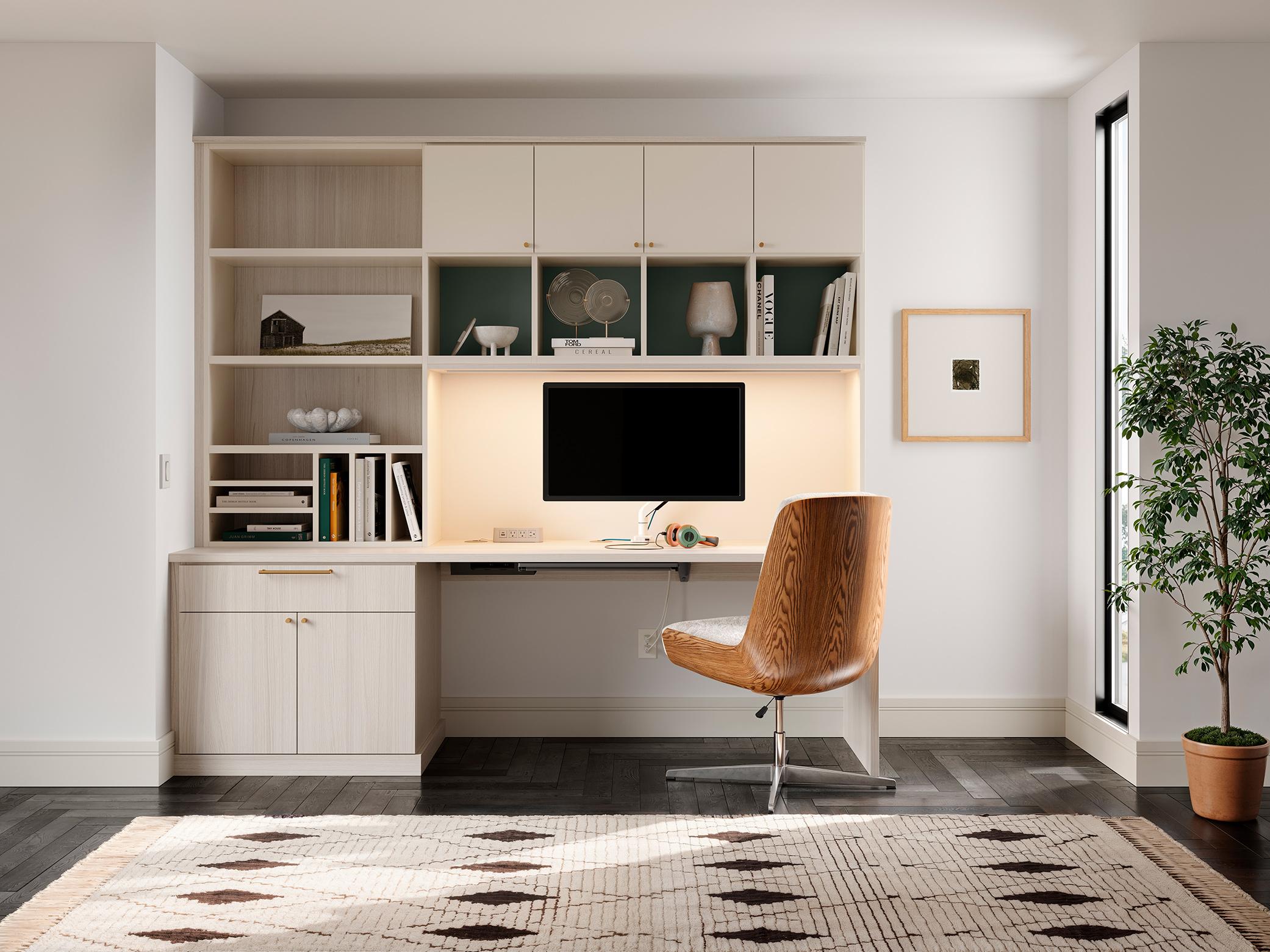 Spacious L-shaped desk setup in a home office with dual monitors and corner shelving