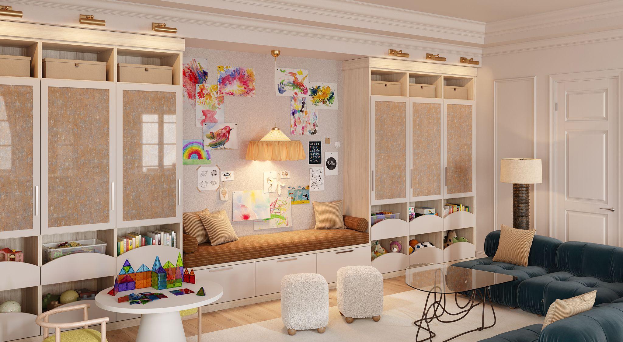 Custom playroom design with warm colors and finishes designed by Jeremiah Brent for California Closets