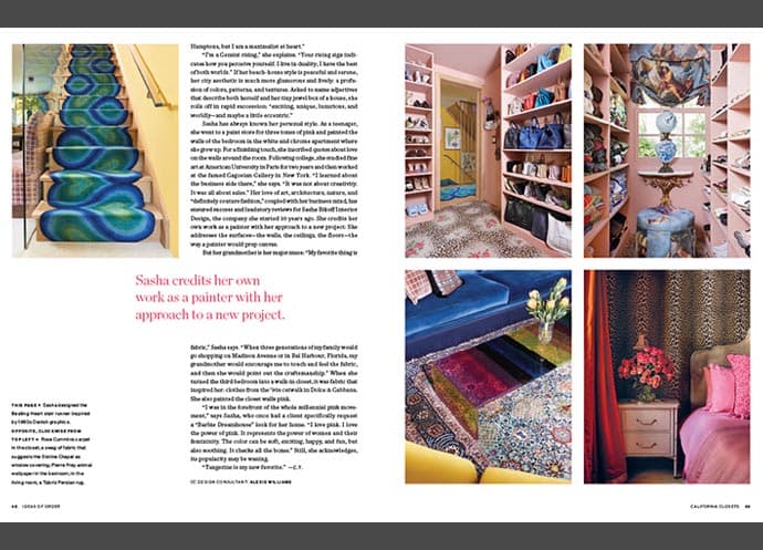 Magazine spread featuring Sasha’s colorful home design with images of stairs, closet, living room, and bedroom inspired by her work as a painter