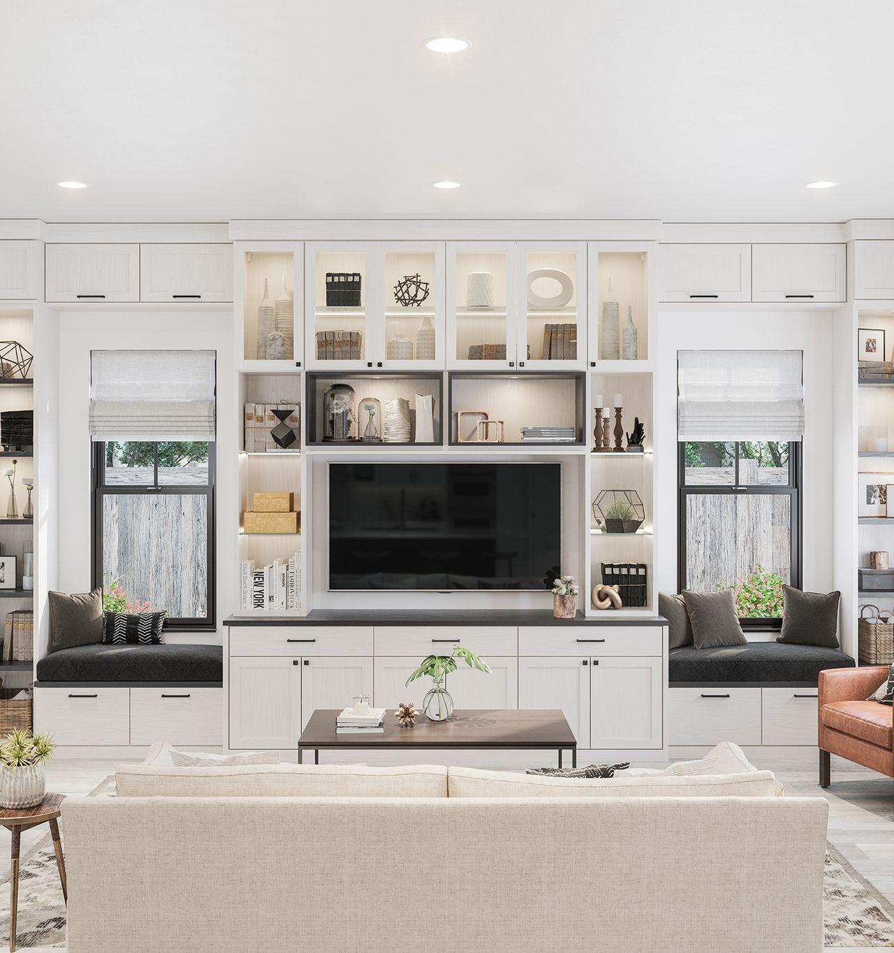 Built in entertainment center with cabinets, shelving and drawers for storage in a white wood grain finish by California Closets