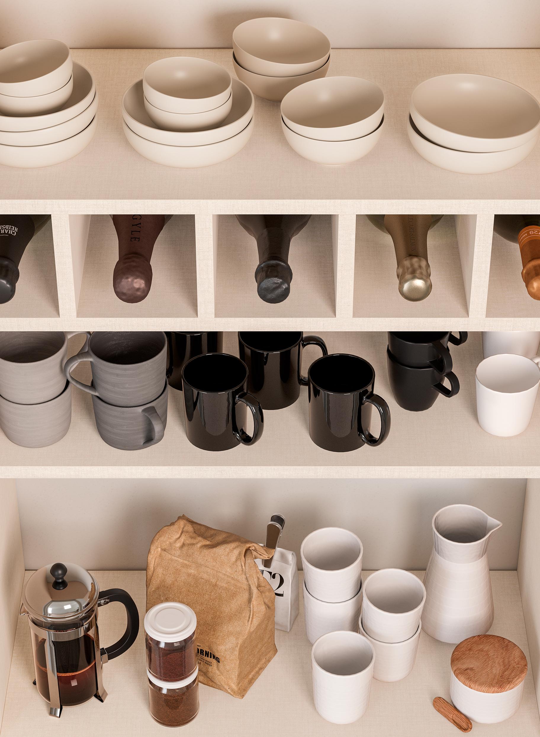 Pantry space designed to store serveware, glassware, and wine cubbies from California Closets