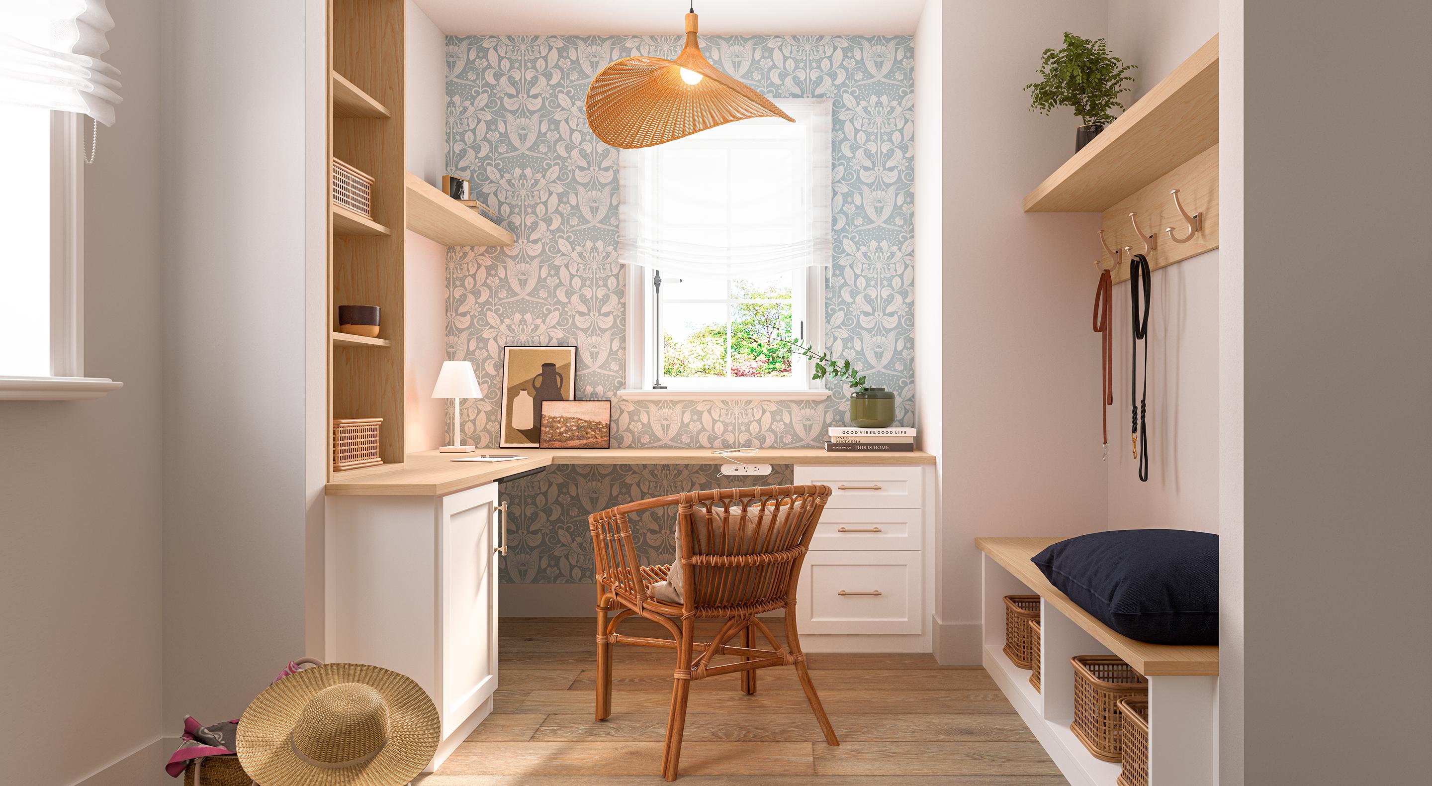 Lakeside mudroom with home office designed custom cabinets and storage from California Closets