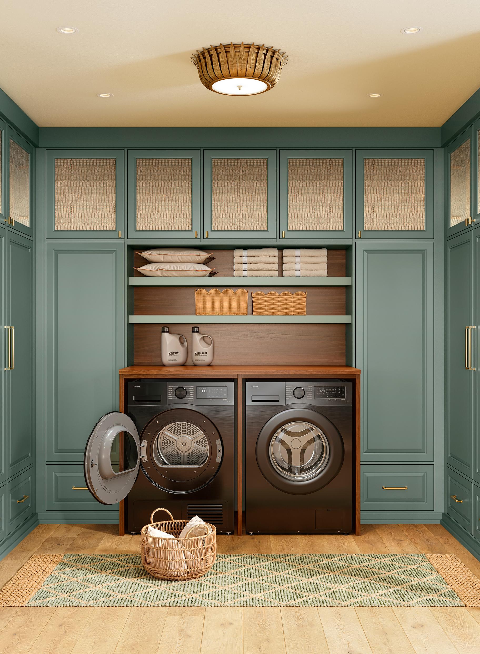Laundry room designed with custom cabinets in green Desert Agave cabinet finish from California Closets