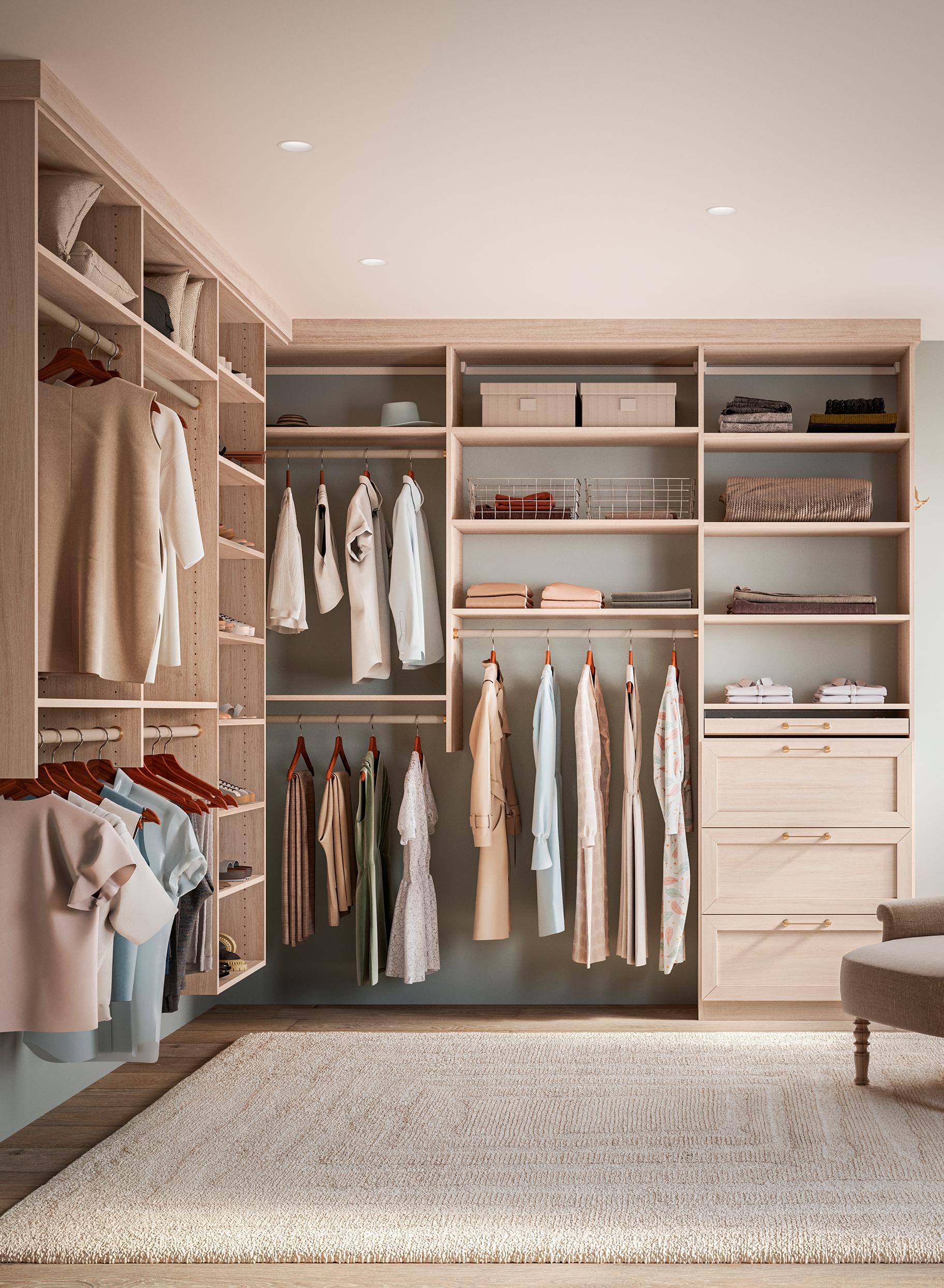 Customized walk in closet format with off-floor shelving and drawers from California Closets