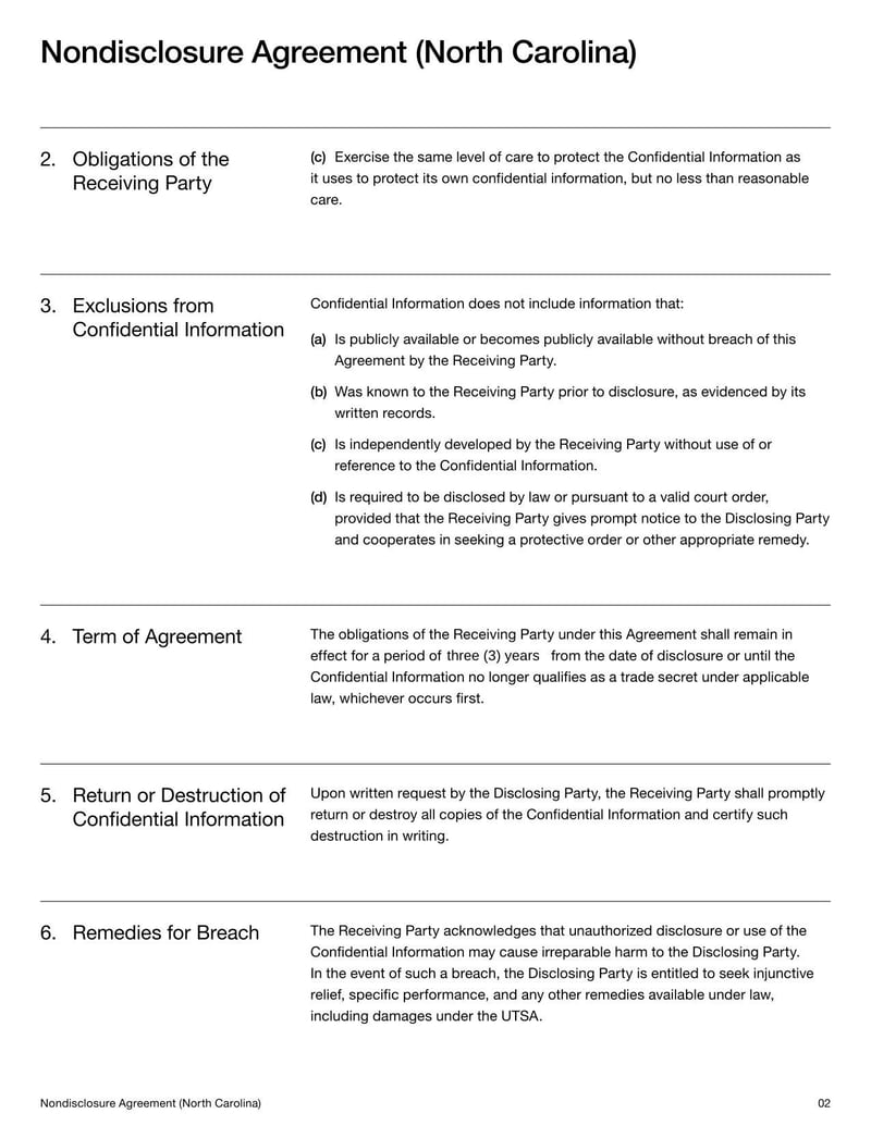 North Carolina Nondisclosure Agreement document with confidentiality and nondisclosure terms