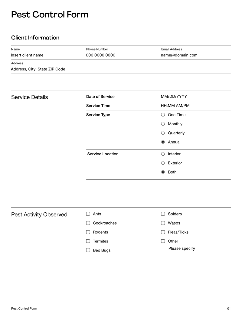 Pest Control Form for logging pest activity, treatments and technician service records