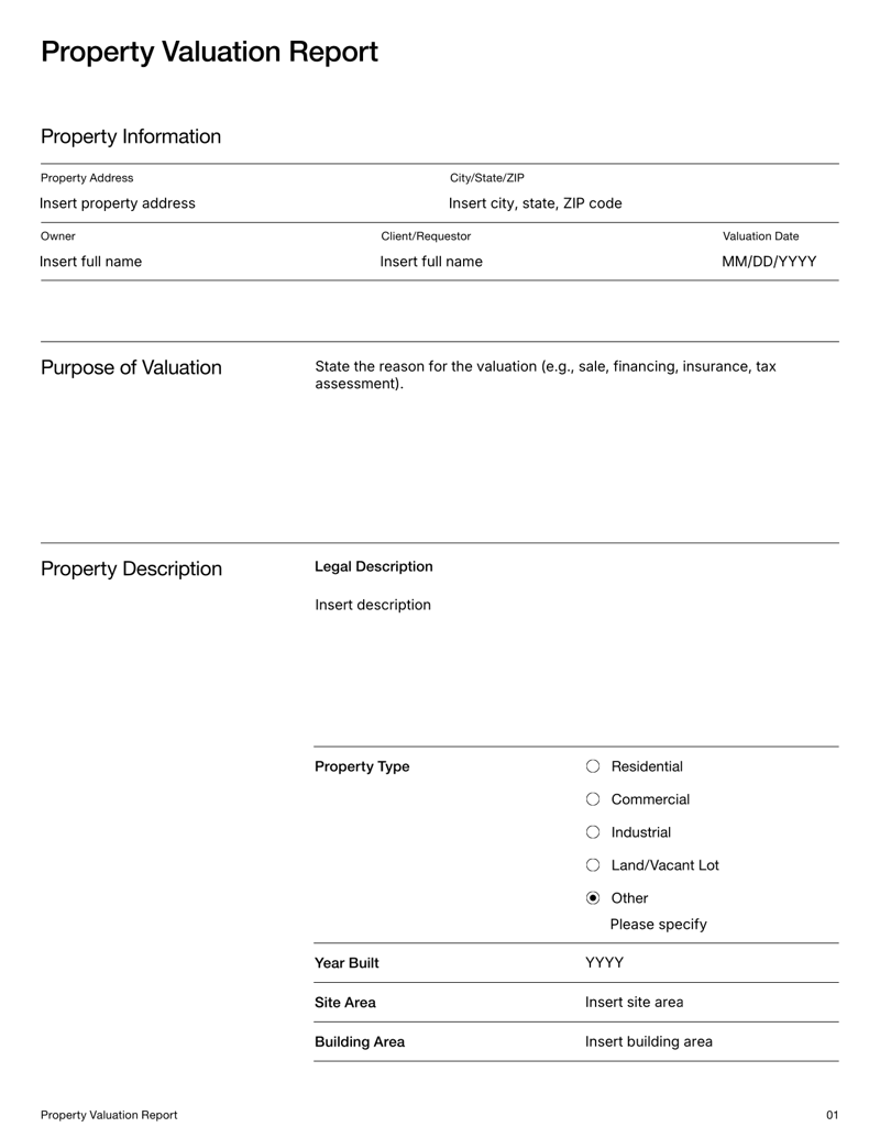 Property Valuation Report template with sections for property details, market context, valuation methods and value conclusion