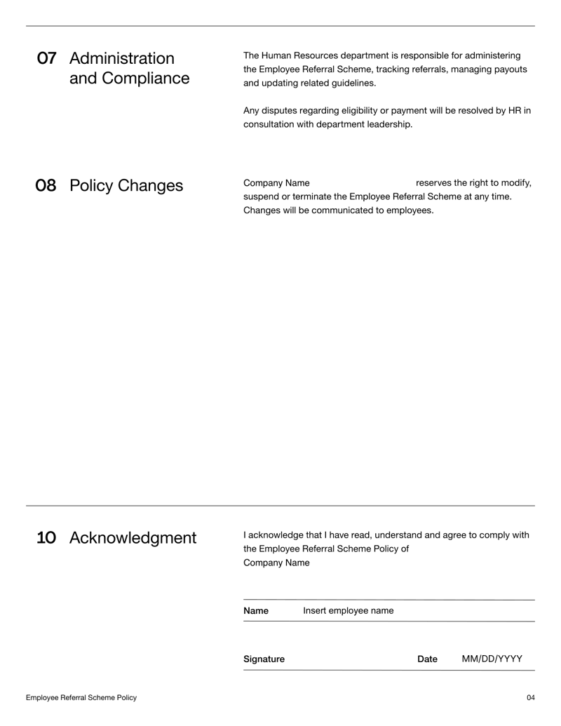 Employee Referral Scheme Policy template with sections for eligibility, referral process, incentives, exclusions and acknowledgment