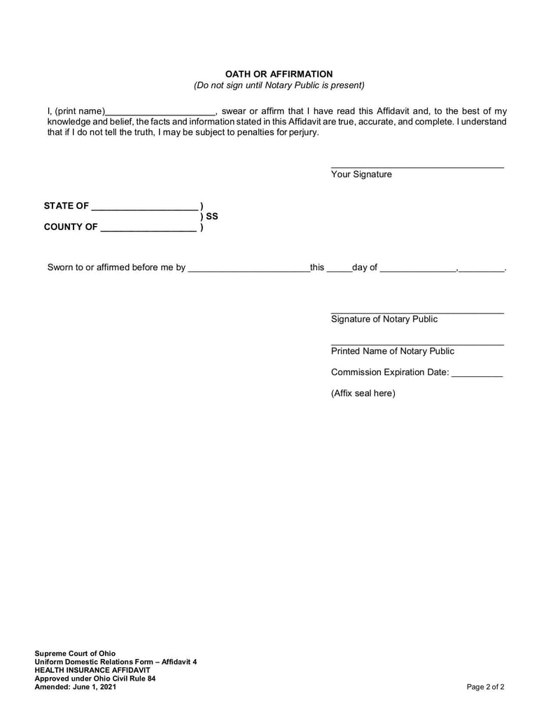 Large thumbnail of Uniform Domestic Relations Form Affidavit 4 (Health Insurance Affidavit) - Jul 2021