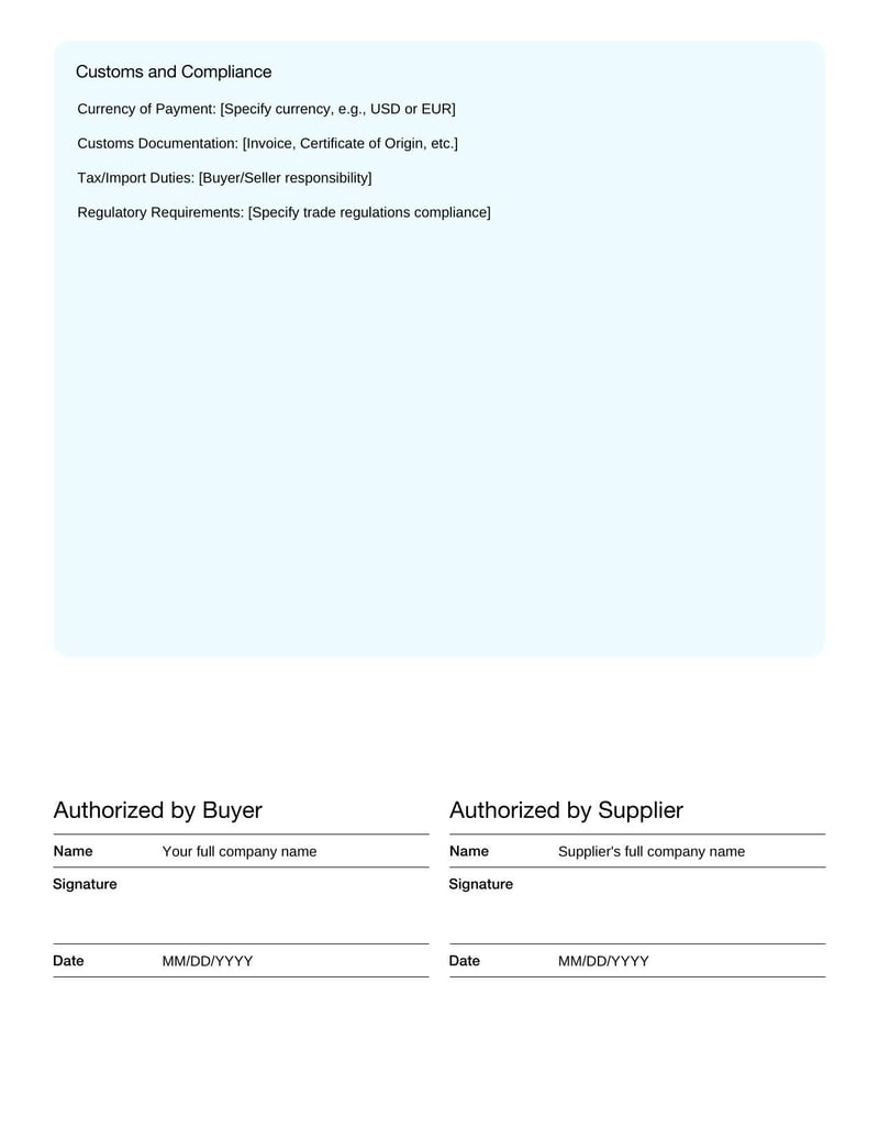 International Purchase Order Template for cross-border purchasing arrangements