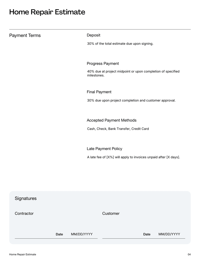 Home Repair Estimate with sections for project details, itemized repair costs, payment terms and signatures