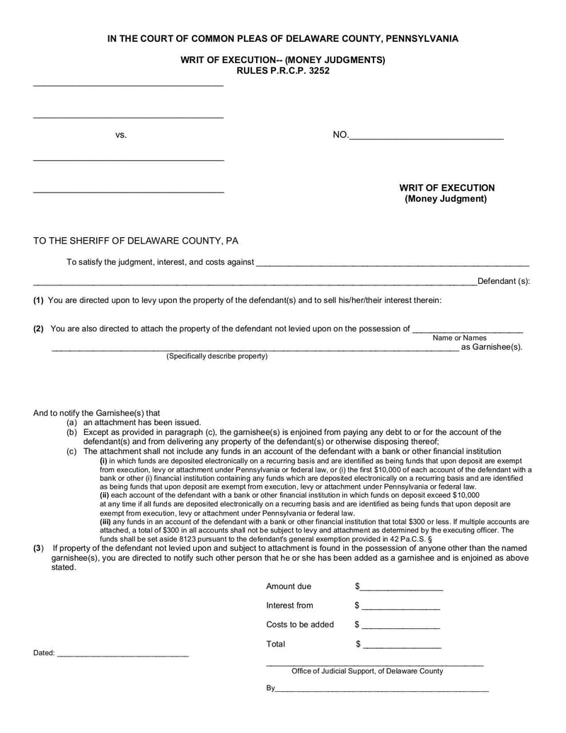 Large thumbnail of Writ of Execution on Money Judgment - May 2010