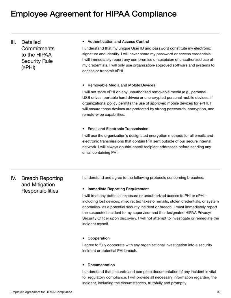 Employee HIPAA Compliance Form acknowledging responsibilities for PHI privacy, security and breach reporting