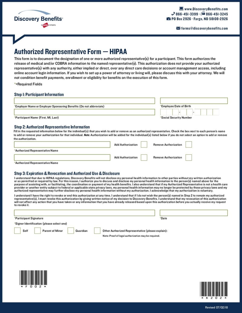 Large thumbnail of Discovery Benefits Authorized Representative Form - Jul 2018
