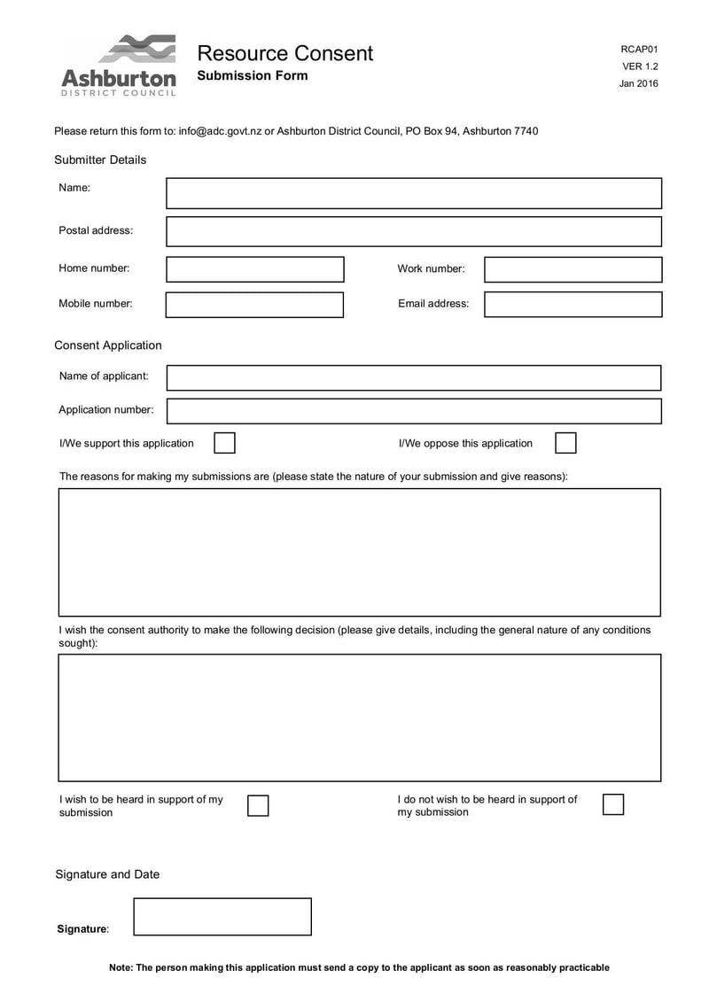 Large thumbnail of Resource Consent Submission Form - Jan 2016