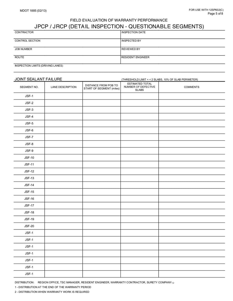 Large thumbnail of Form 1885 Field Evaluation of Warranty Performance JPCP/JRCP - Oct 2017