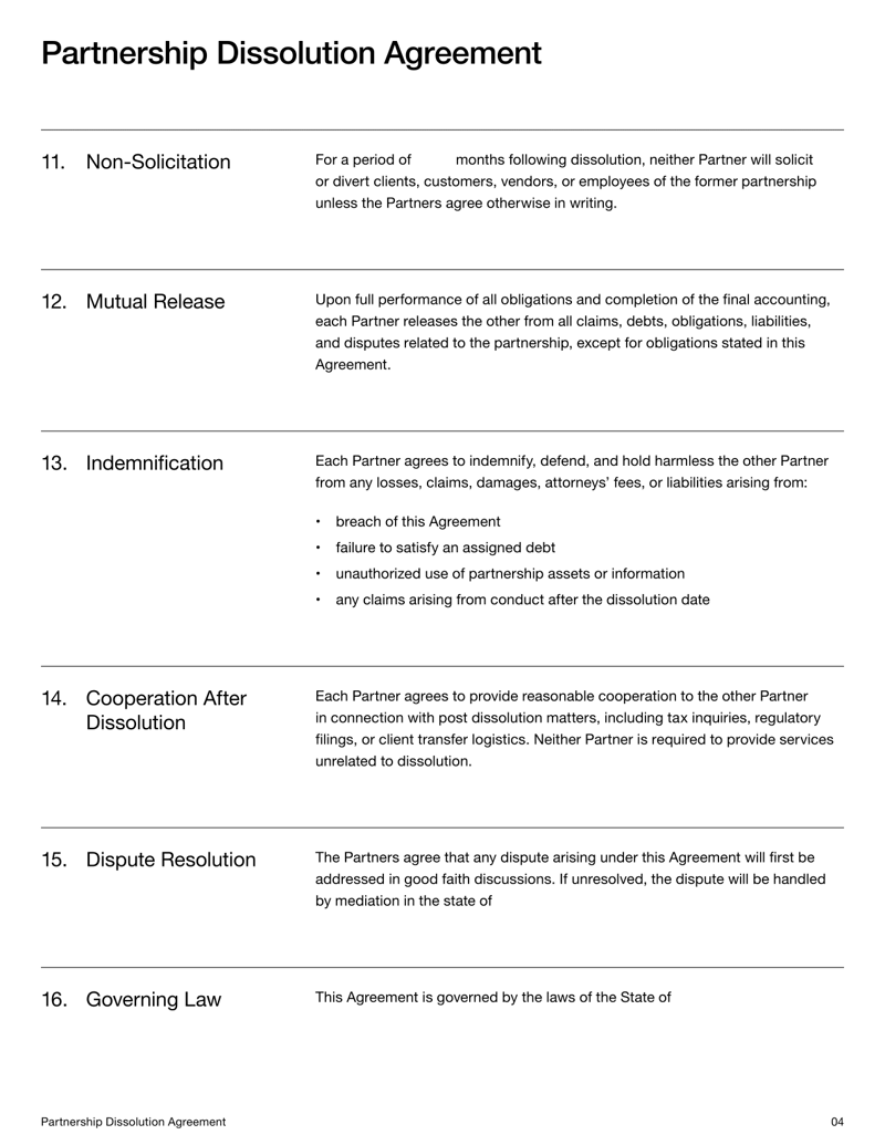 Partnership Dissolution Agreement detailing wind up procedures, asset division, liabilities and partner obligations