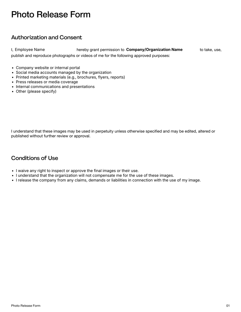 Photo Release Form for employee image consent, including usage permissions, waiver terms and signature fields