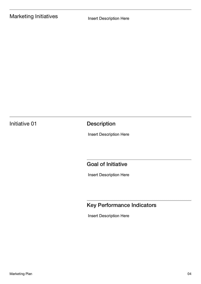 Marketing Plan Template for organizing marketing strategies, target audiences, budgets, and campaign goals