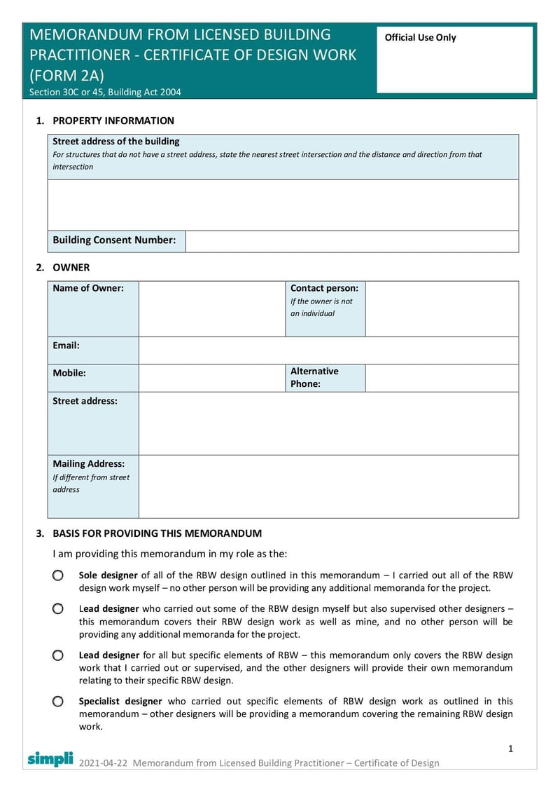 Large thumbnail of Memorandum from Licensed Building Practitioner - Certificate of Design Work (Form 2A) - Apr 2021