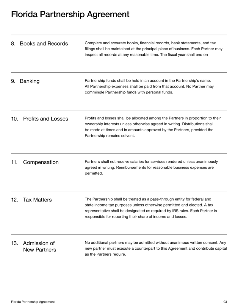 Partnership Agreement for Florida defining formation, partner duties, ownership interests and dispute resolution under Florida law