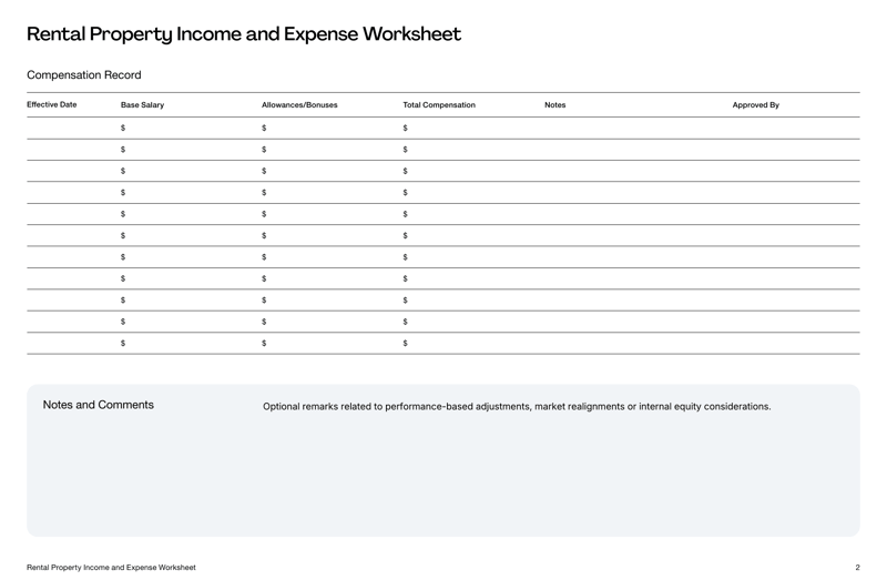 Compensation History Template with sections for employee information, salary changes and approval details