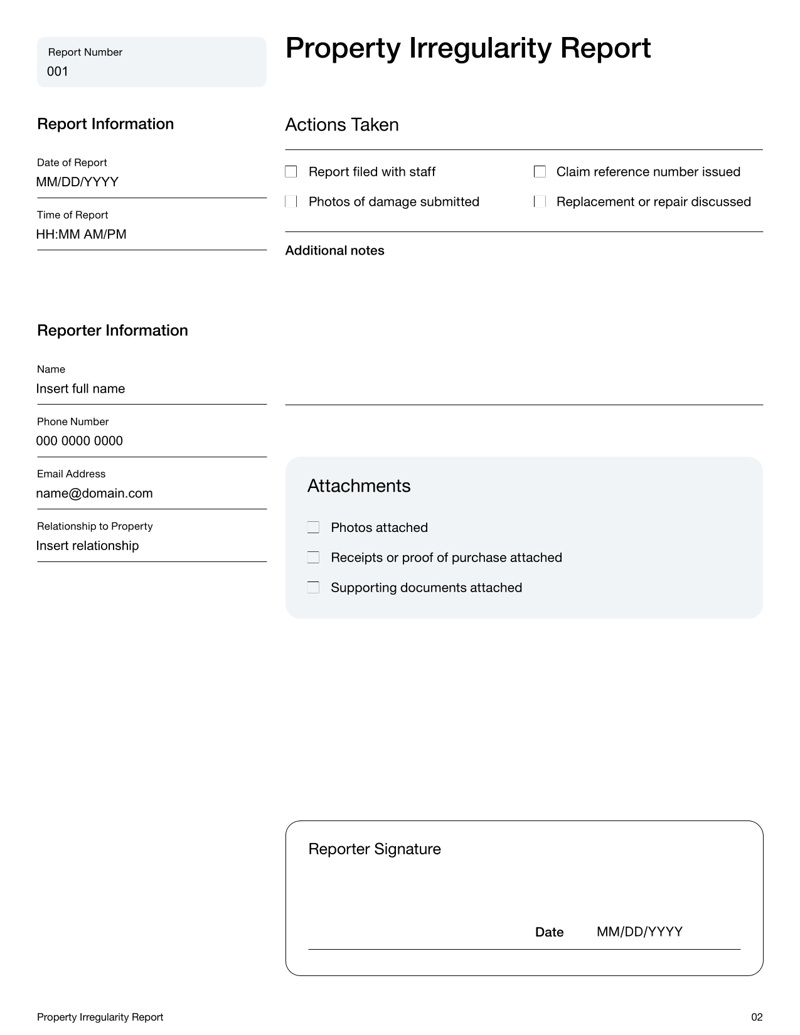 Property Irregularity Report form with fields for reporter information, property details, irregularity description and signature