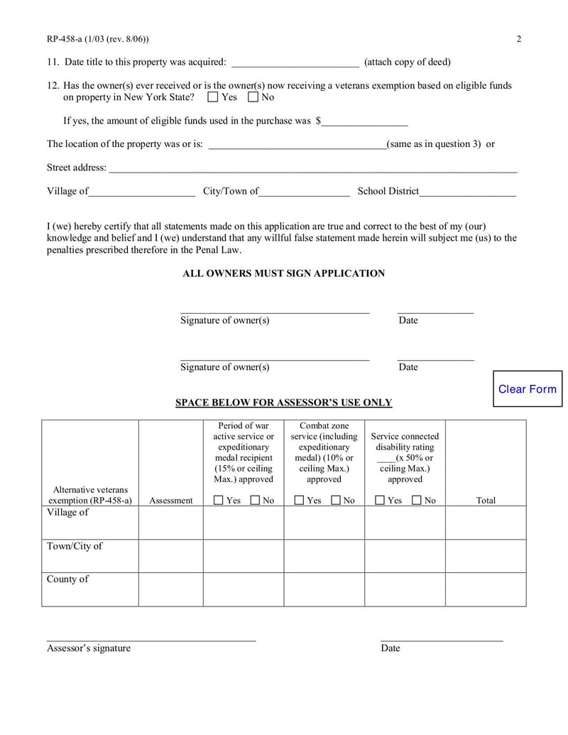 Large thumbnail of Application for Alternative Veterans Exemption from Real Property Taxation (Form RP-458-a) - Apr 2012
