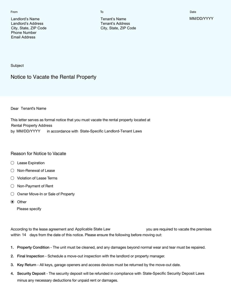 Landlord Notice to Vacate for formally notifying a tenant to vacate the rental property within a specified timeframe