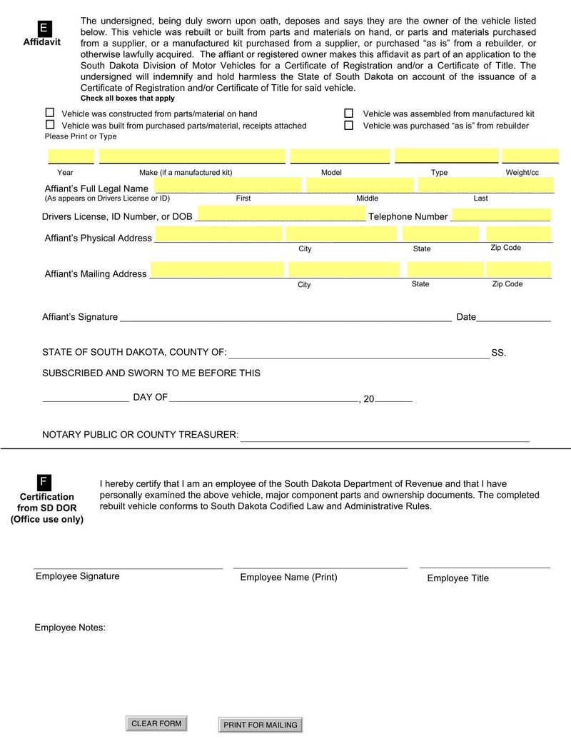 Large thumbnail of South Dakota Application for Inspection of Rebuilt Motor Vehicle and Installation of Assigned or Replacement Vehicle Identification Number and Affidavit