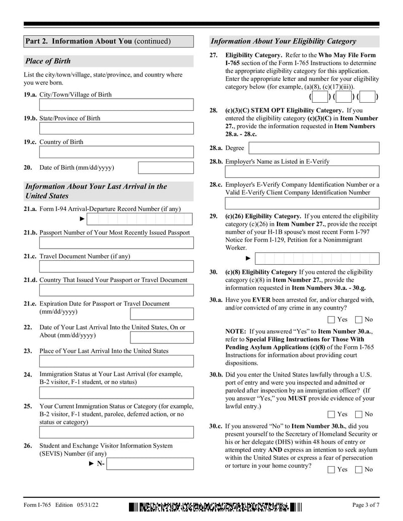 Thumbnail of Form I-765 - Oct 2022 - page 2