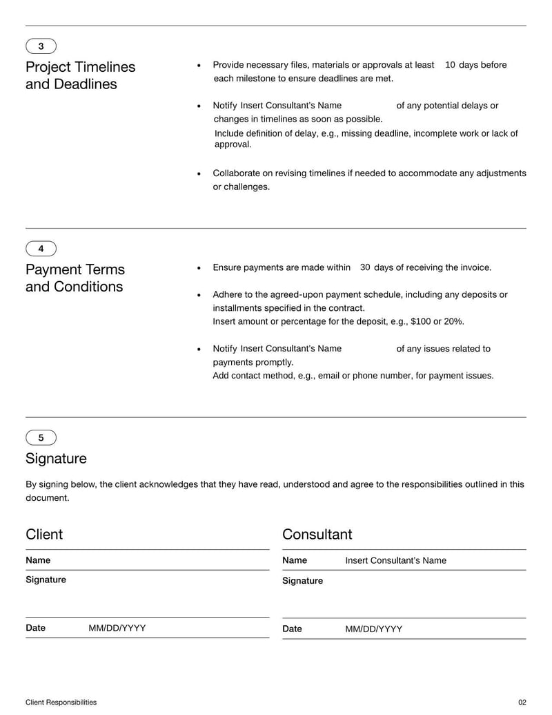 Client Responsibilities Template for listing client obligations in a marketing agreement