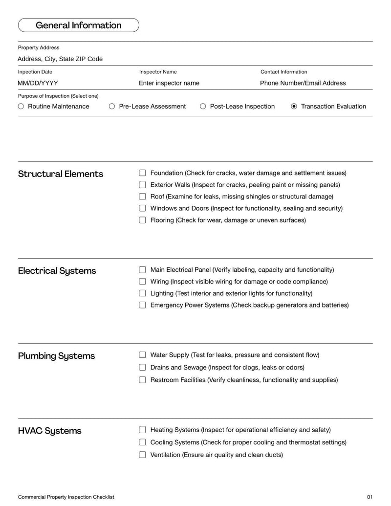 Commercial Property Inspection Checklist for assessing business property condition